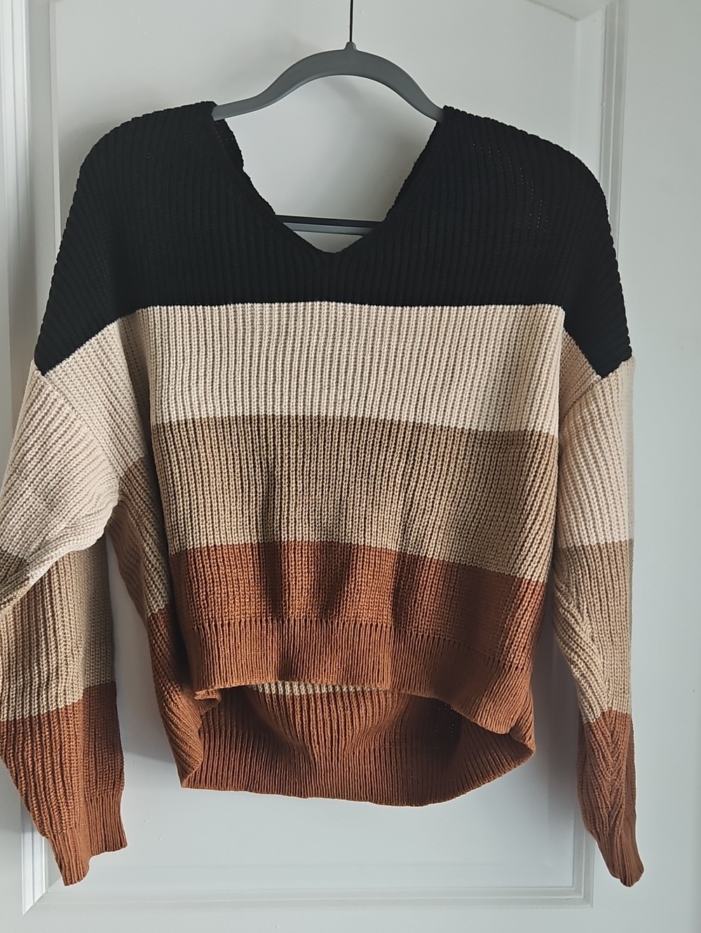 Colorblock Striped Knit Sweater - Black, Cream & Brown